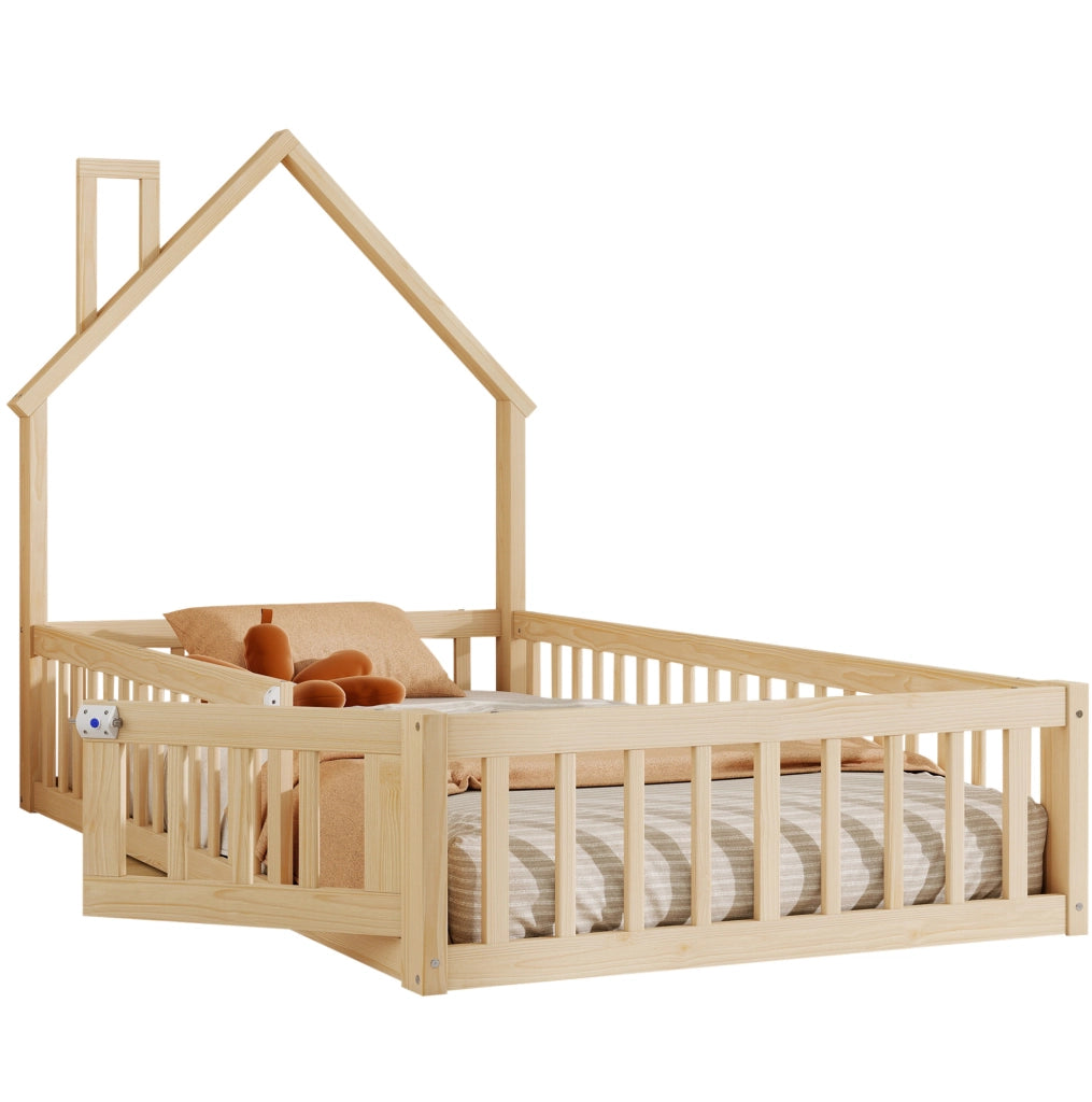 Letto a casetta 90x200 cm con design a camino e sponde in pino e MDF colore naturale