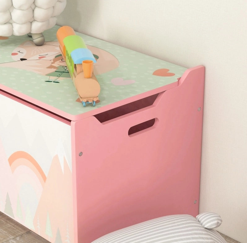 Cassapanca portagiochi rosa in legno con coperchio di sicurezza