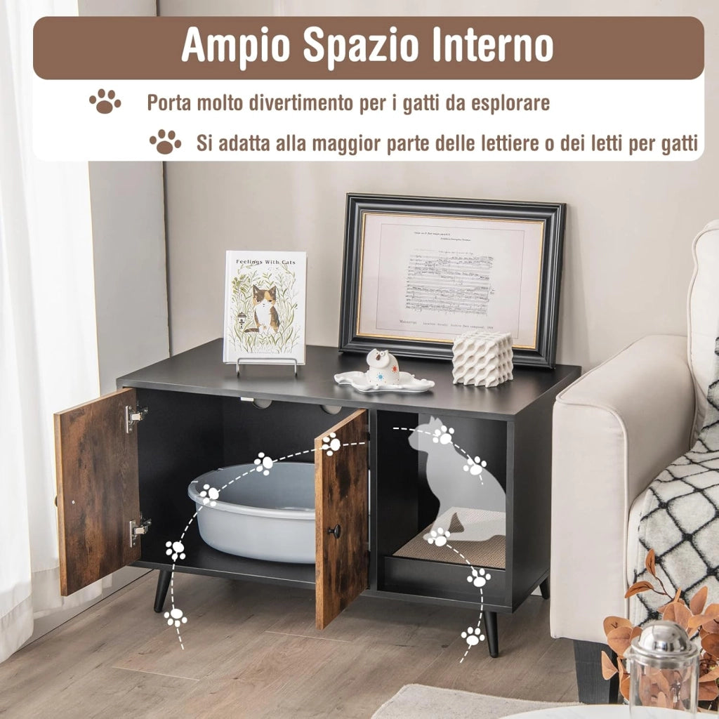 Mobile per Lettiera per Gatti, Casetta per Gatti Moderno con Scomparto a Doppia, Anta, Vano Aperto e Tiragraffi, Mobiletto Multiuso e Moderno da Interno, 90 x 50 x 54 cm