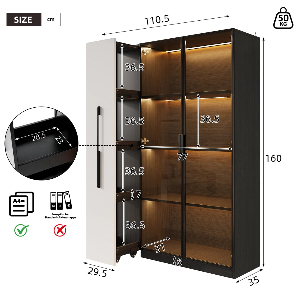 Vetrina moderna con LED e anta in vetro; 110;5 x 35 x 160 cm; MDF e vetro; nero e bianco