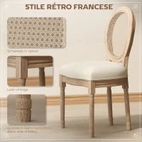 Set 2 Sedie per Soggiorno in Stile Vintage con Schienale Traforato, in Legno e Tessuto, 49x56x96cm, Bianco Crema