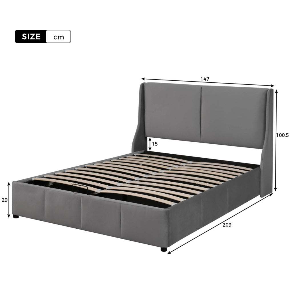 Letto imbottito 140x200 cm in velluto grigio con vano contenitore e rete a doghe