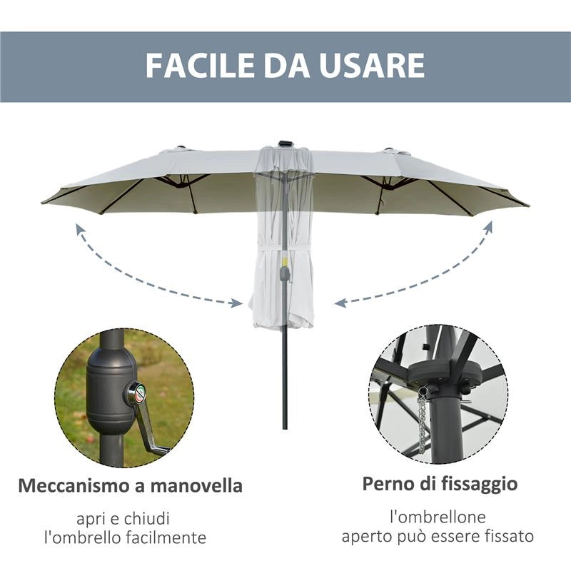 OMBRELLONE DA GIARDINO DOPPIO 4.5M CON 48 LUCI LED E MANOVELLA, GRIGIO CHIARO