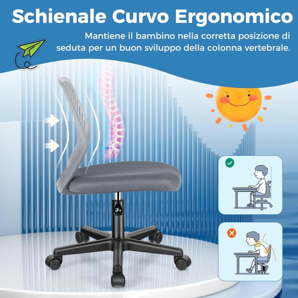 Sedia da Scrivania Ergonomica per Bambini, Sedia per Computer in Rete per Bambini con Ruote Universali, Regolabile in Altezza, Senza Braccioli, Sedia da Studio per Bambini(Grigio)