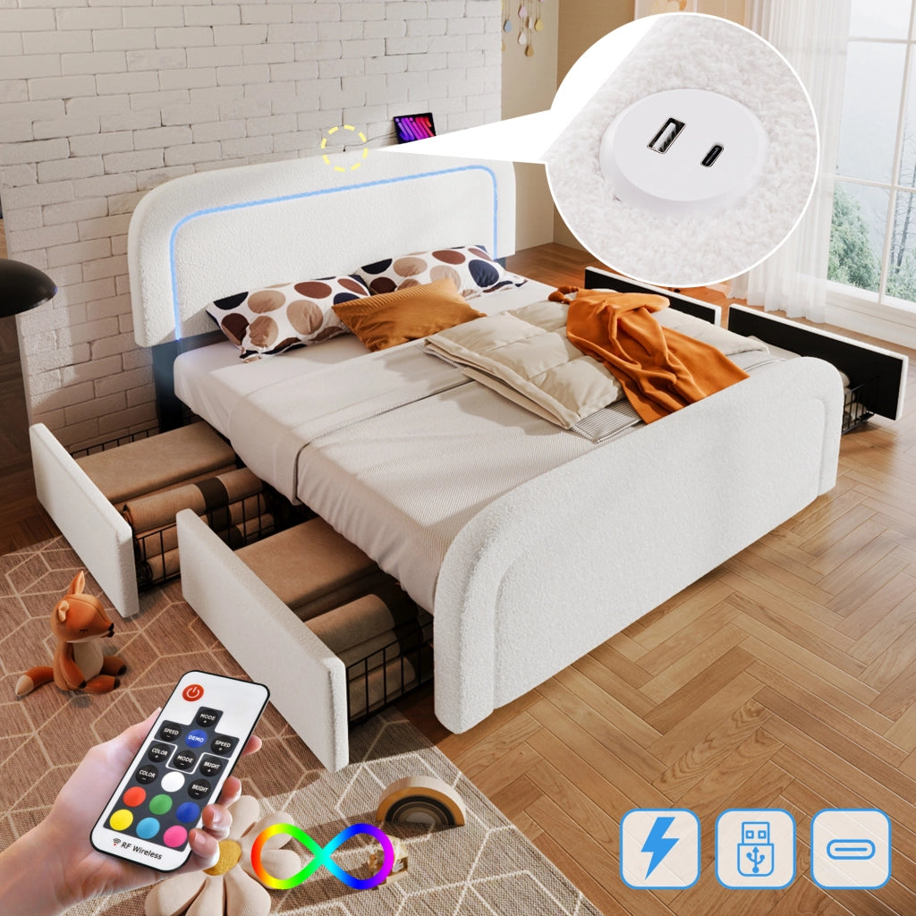 OKWISH Letto con Cassetti 140×200 cm, Letto Matrimoniale con USB, Type-C, LED Regolabile e 4 Cassetti, senza Materasso, in Sherpa, Bianco
