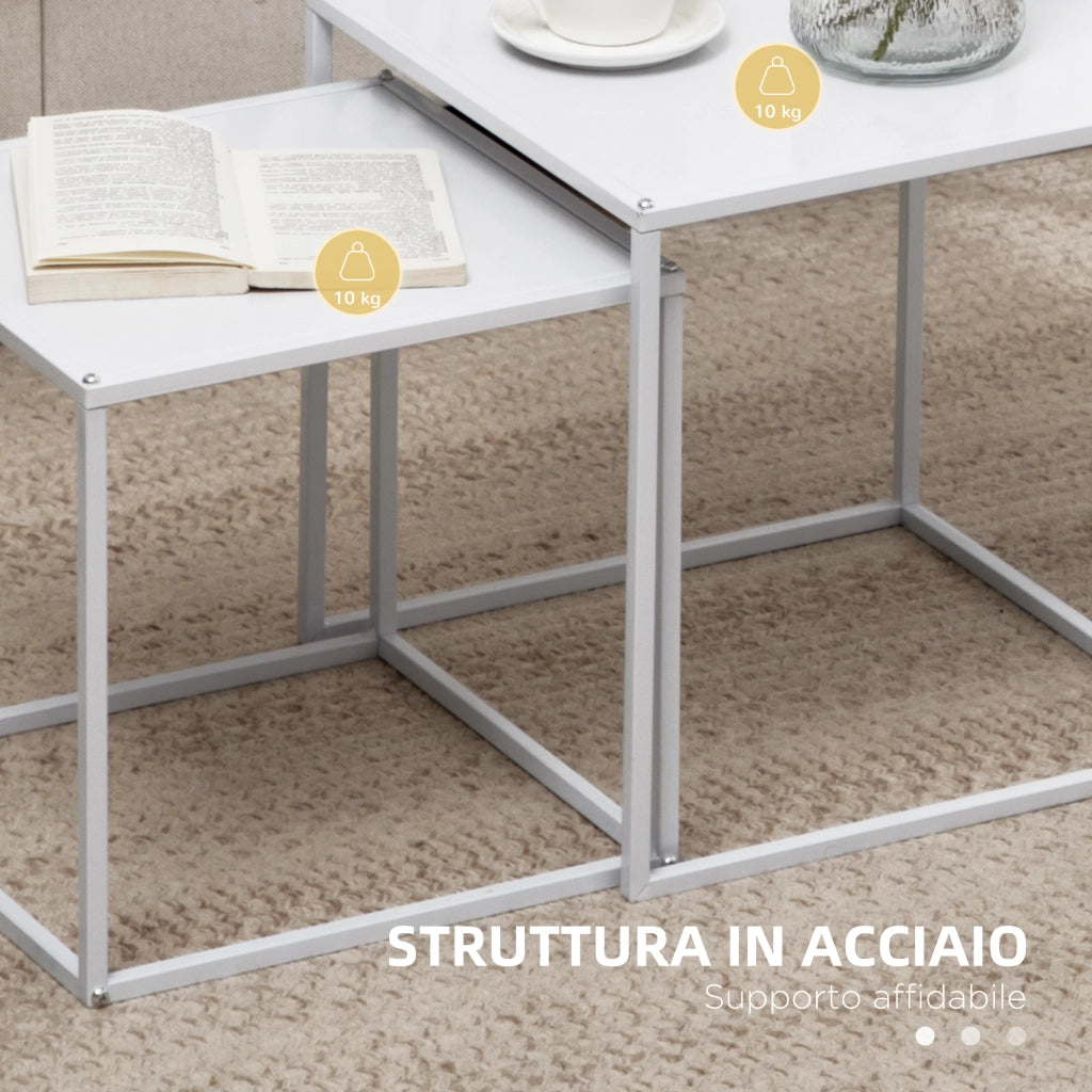 Set 2 Tavolini da Caff¨¨ Impilabili ¨C Xylo ¨C Acciaio Bianco Quadrati