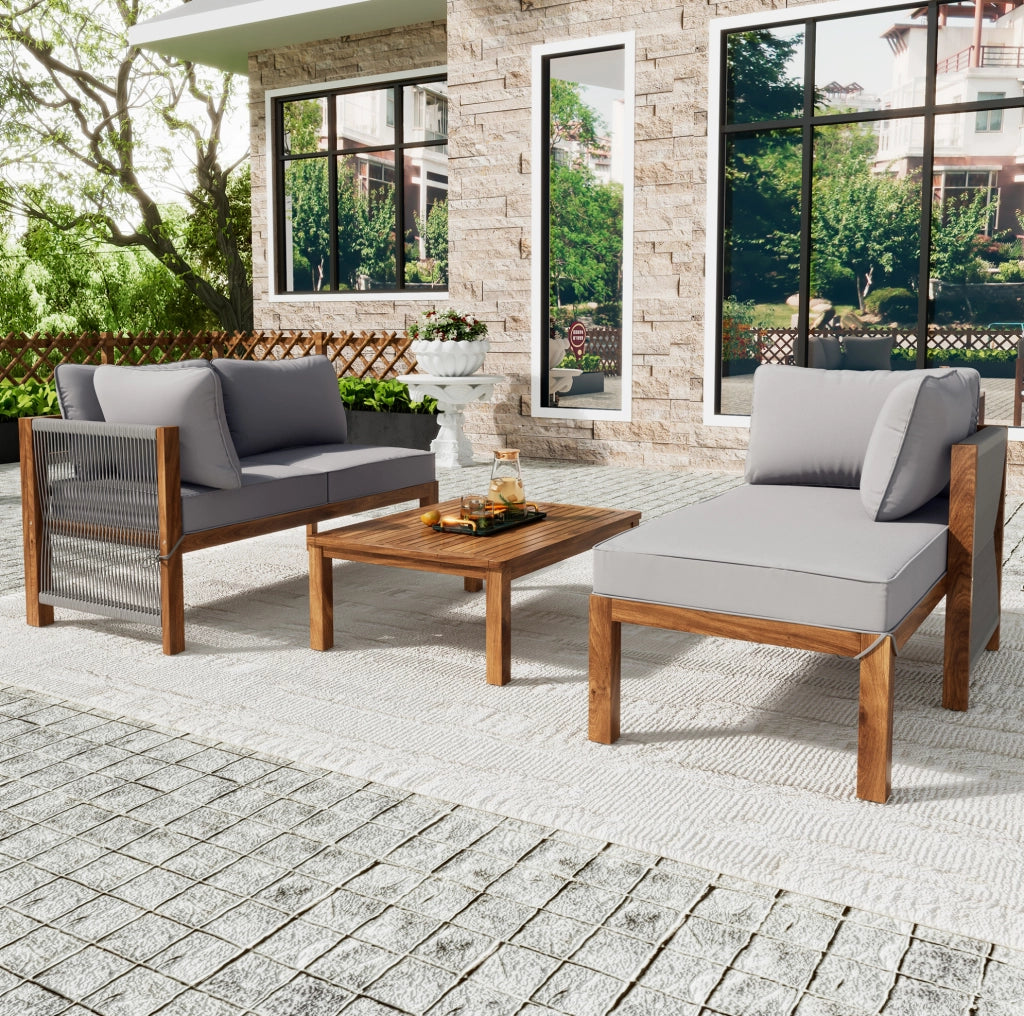 Set salotto da giardino 3 pezzi in legno di acacia; grigio; con 2 divani a 2 posti e tavolo