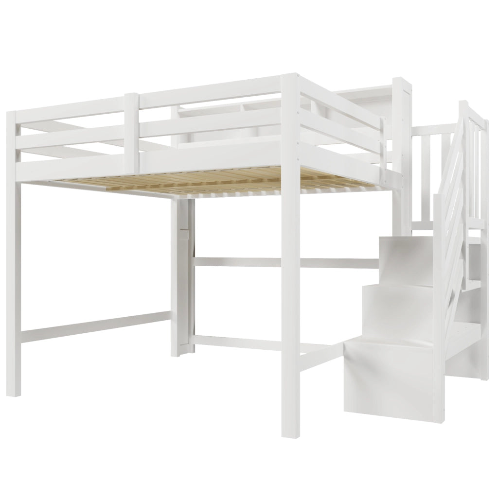 Letto a soppalco ULEVR 140x200 cm con LED, scala con contenitore e vani aperti, bianco