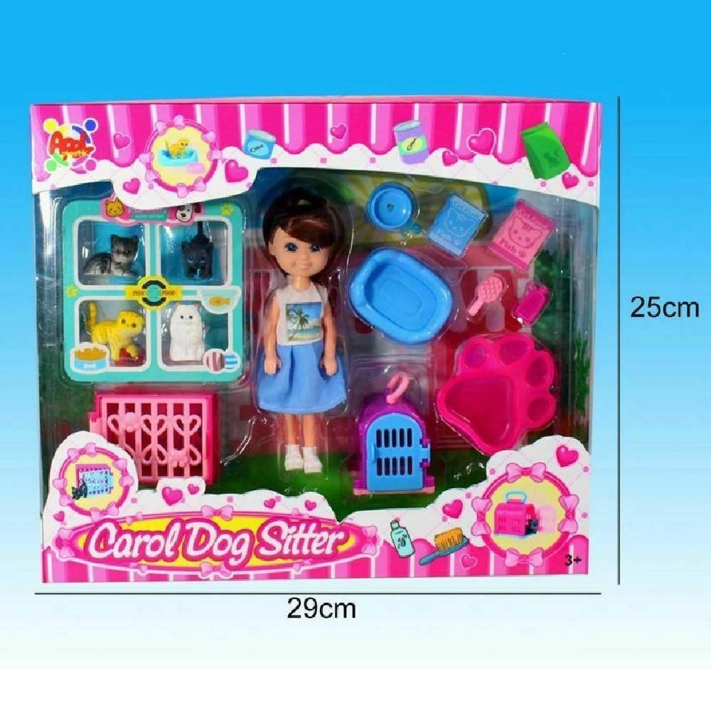 Trade Shop - Carol Dog Sitter Bambolina Con Cuccioli E Accessori Giocattolo Gioco Bambina -