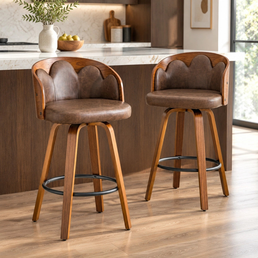 Set di 2 sgabelli da bar 89 cm in legno e PU marrone, schienale floreale