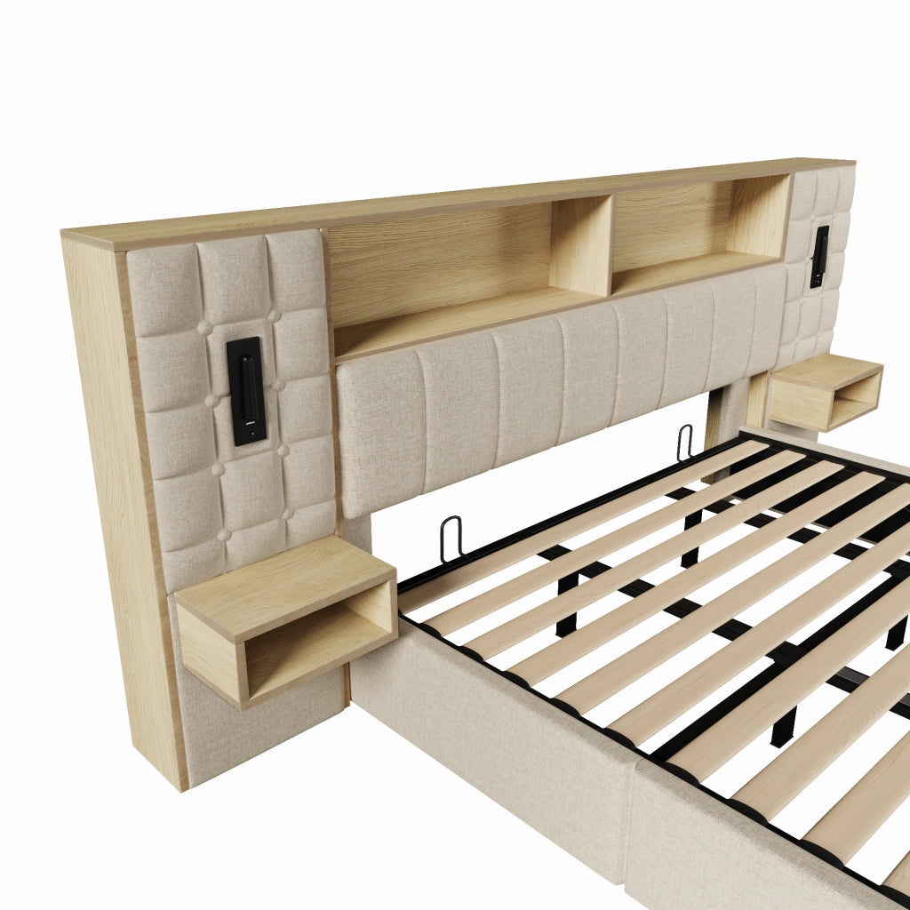 DESMIU Lit coffre 180 × 200 cm 2 posti con lampade da lettura, USB e Type-C, senza materasso, beige