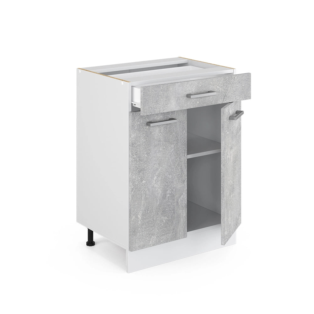 Mobiletto base per cucina R-Line Calcestruzzo/Bianco 60 cm con cassetto, senza piano di lavoro Vicco