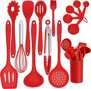 Accessori cucina, 15 pezzi di ausili in silicone per la cucina, set con contenitore per utensili, spatola antiaderente per cucinare, non tossico e di qualità alimentare, rosso