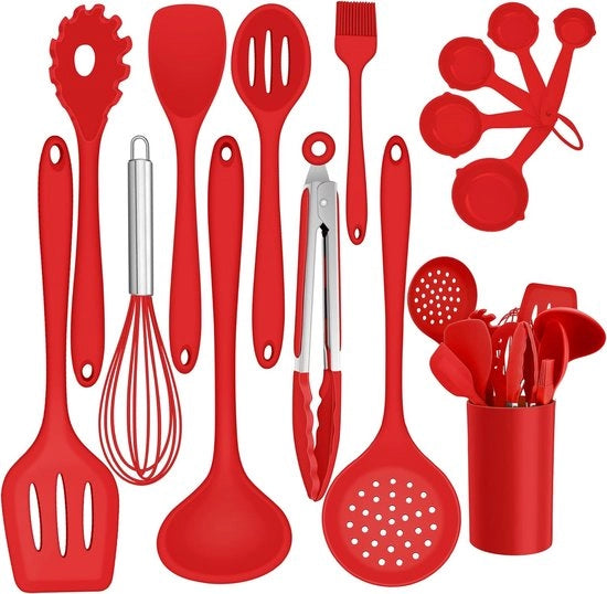 Accessori cucina, 15 pezzi di ausili in silicone per la cucina, set con contenitore per utensili, spatola antiaderente per cucinare, non tossico e di qualità alimentare, rosso