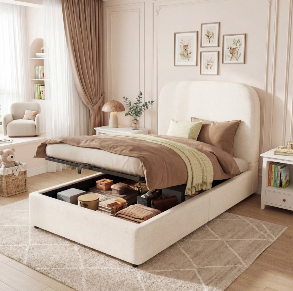 Letto singolo per bambini 90x200 cm con contenitore idraulico; testiera imbottita; bouclé beige