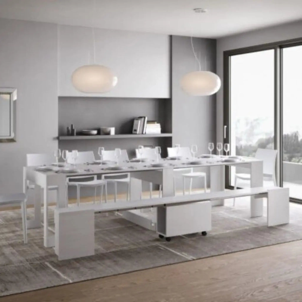 Consolle allungabile 90x42/302 cm Evolve bianco frassino allunghe interne con panca inferiore