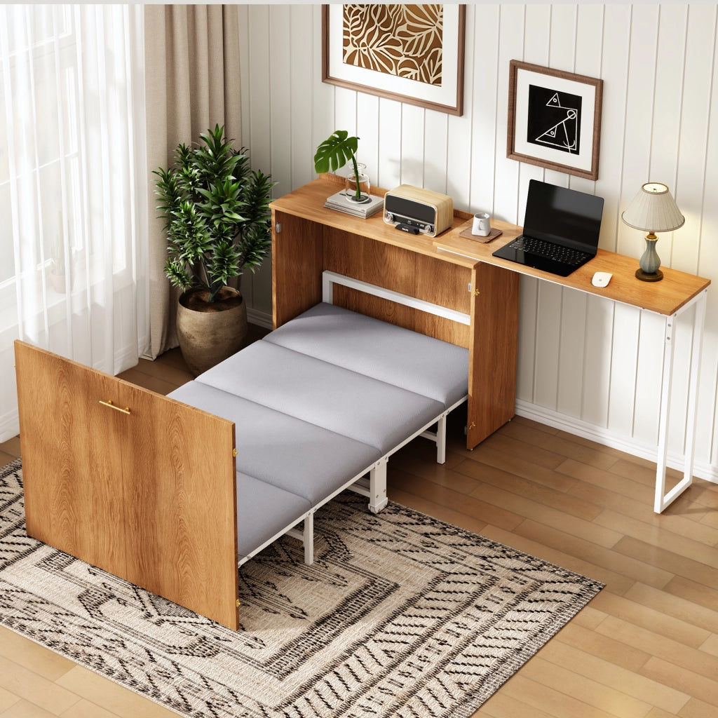 Letto a scomparsa Murphy con scrivania girevole e materasso, 90x200 cm, bianco/effetto legno