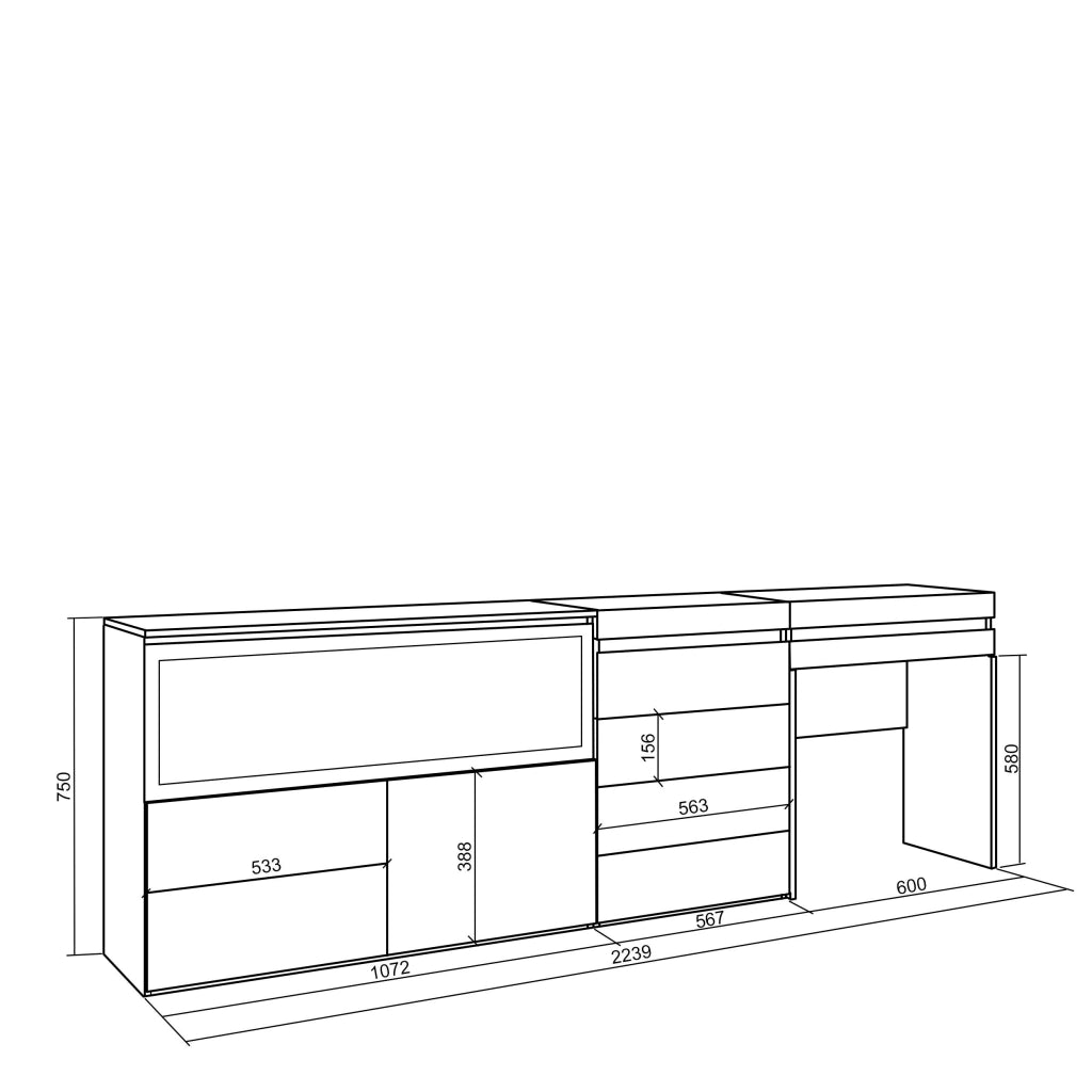 Tavolo da toeletta, 234x35x75cm, Con cassetto, Camino elettrico XXL, Cassettiera, grigio cemento RF3466