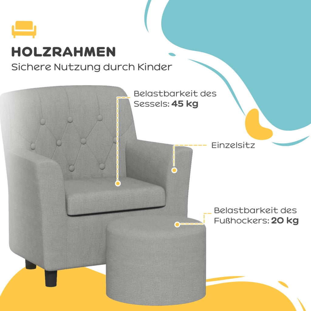 Poltrona per Bambini con Pouf ¨C Zephmum ¨C Grigio, Tessuto, Legno