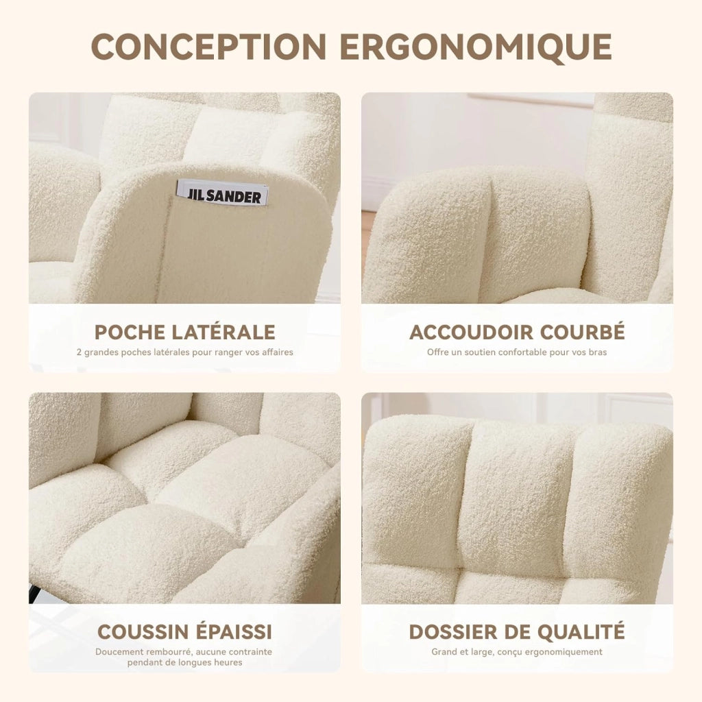 Sedia a dondolo con sgabello, poltrona relax con braccioli, poltrona a dondolo in peluche Teddy, portata fino a 150 kg, lettino da giardino per camera da letto, Con pedale, beige
