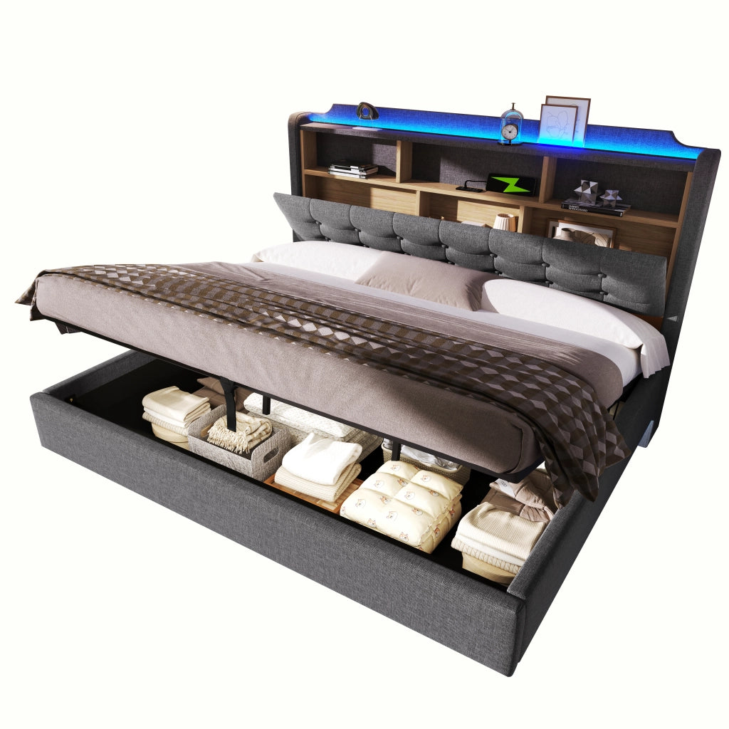 Letto matrimoniale contenitore 180x200 cm effetto sospeso con LED; testiera portaoggetti; USB e USB-C; lino grigio