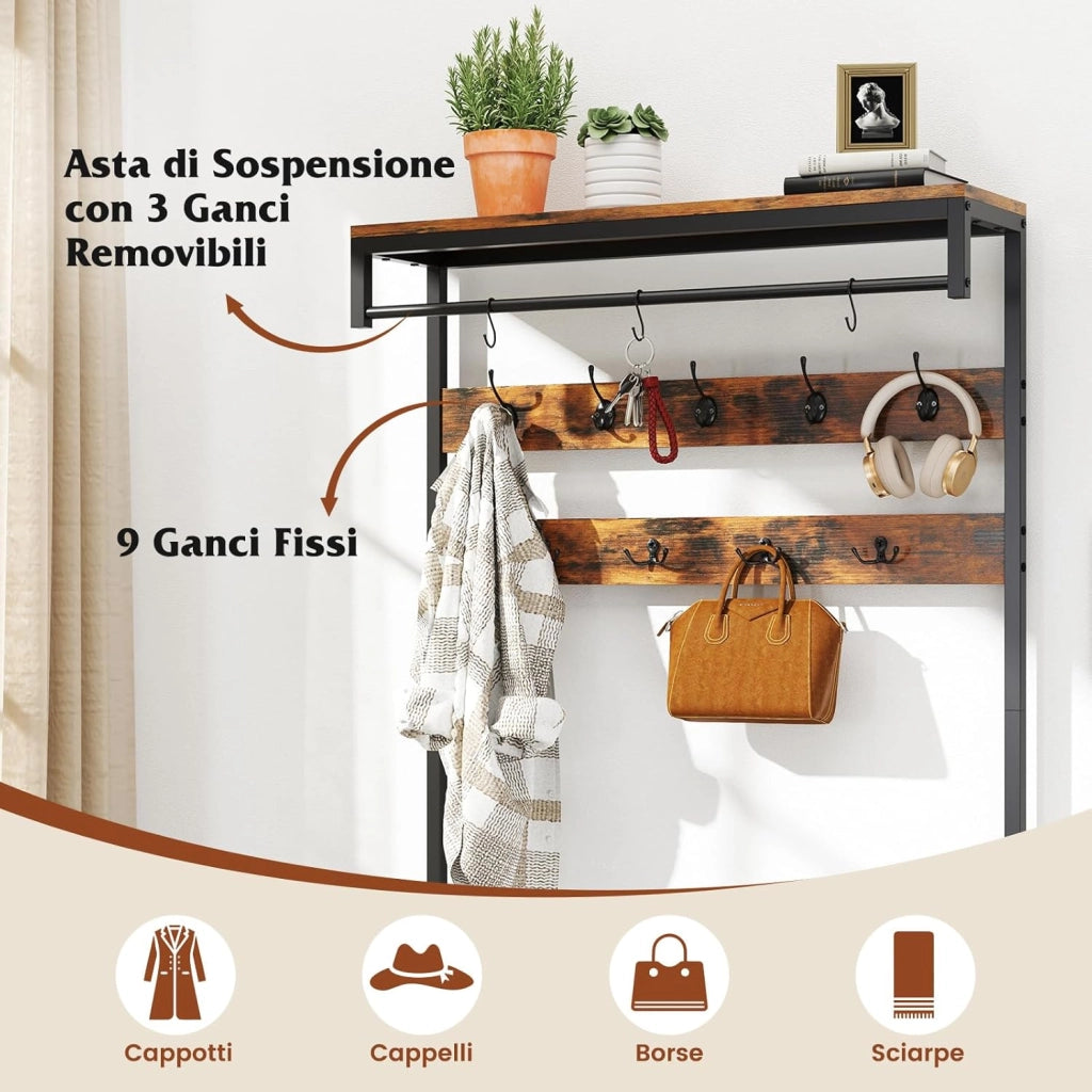 Appendiabiti da Terra 178 cm, Stand Appendiabiti da Ingresso con Scaffale per Scarpe 12 Ganci Cassetti e Panchina, Stendibiancheria per Ingresso Soggiorno Camera da Letto