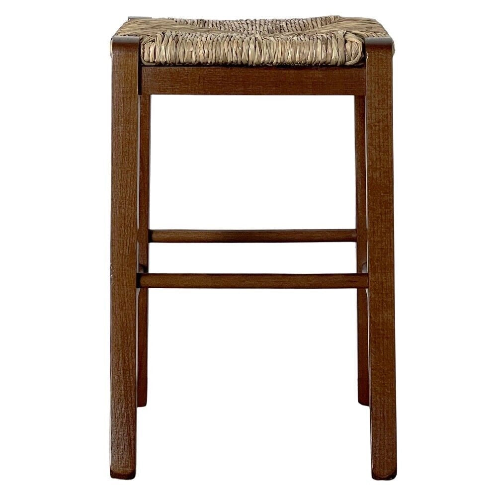 Sgabello legno noce scuro h 47 cm con seduta quadrata in paglia e gambe curvate
