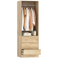 Armadio Guardaroba con Asta Appendiabiti, Ripiano Aperto e 3 Cassetti, in Legno, 60x48.5x185 cm, color Teak