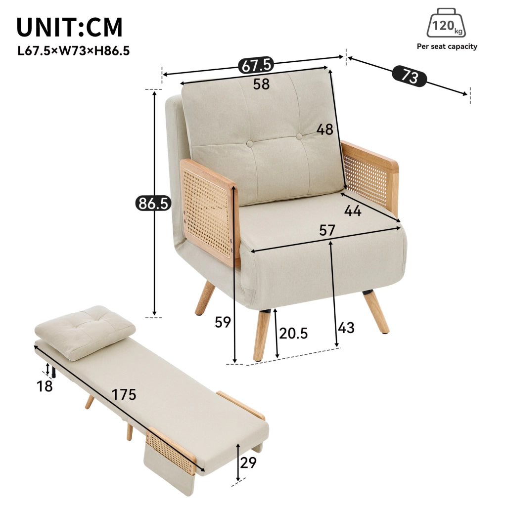 Poltrona letto 3 in 1 reclinabile a 5 posizioni; 67;5 x 73 x 86;5 cm; beige