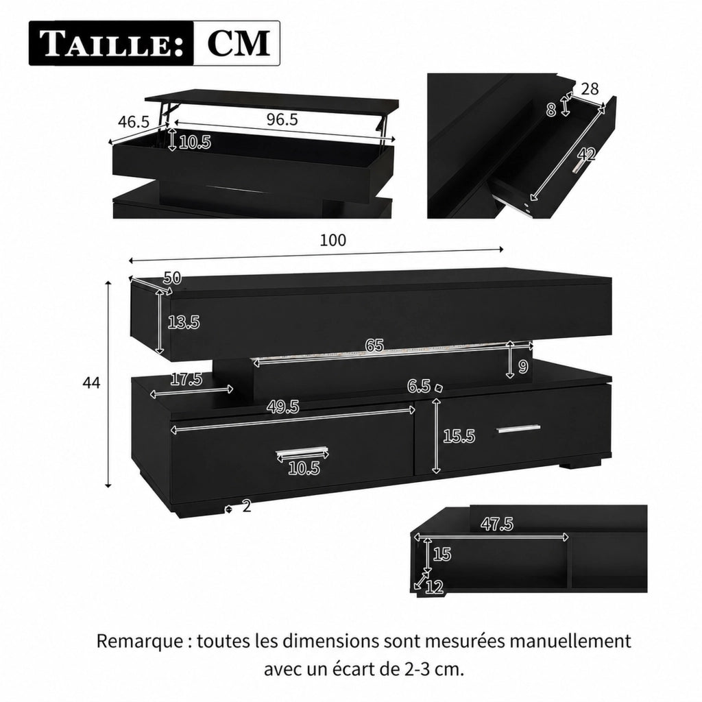 TAVOLINO da caffè 100x50x44 cm regolabile idraulico con LED Nero in truciolare