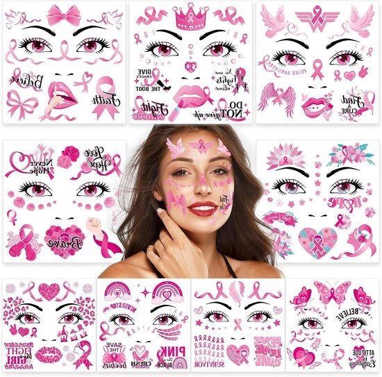 Conoscenza del Seno - Aumento della Consapevolezza del Cancro del Seno - Stickers di Lint Temporanei a 9 Strisce Rosa - Accessori per il Viso - Simulazioni di Tatuaggi - Beneficio del Trucco - Decorazione del Viso