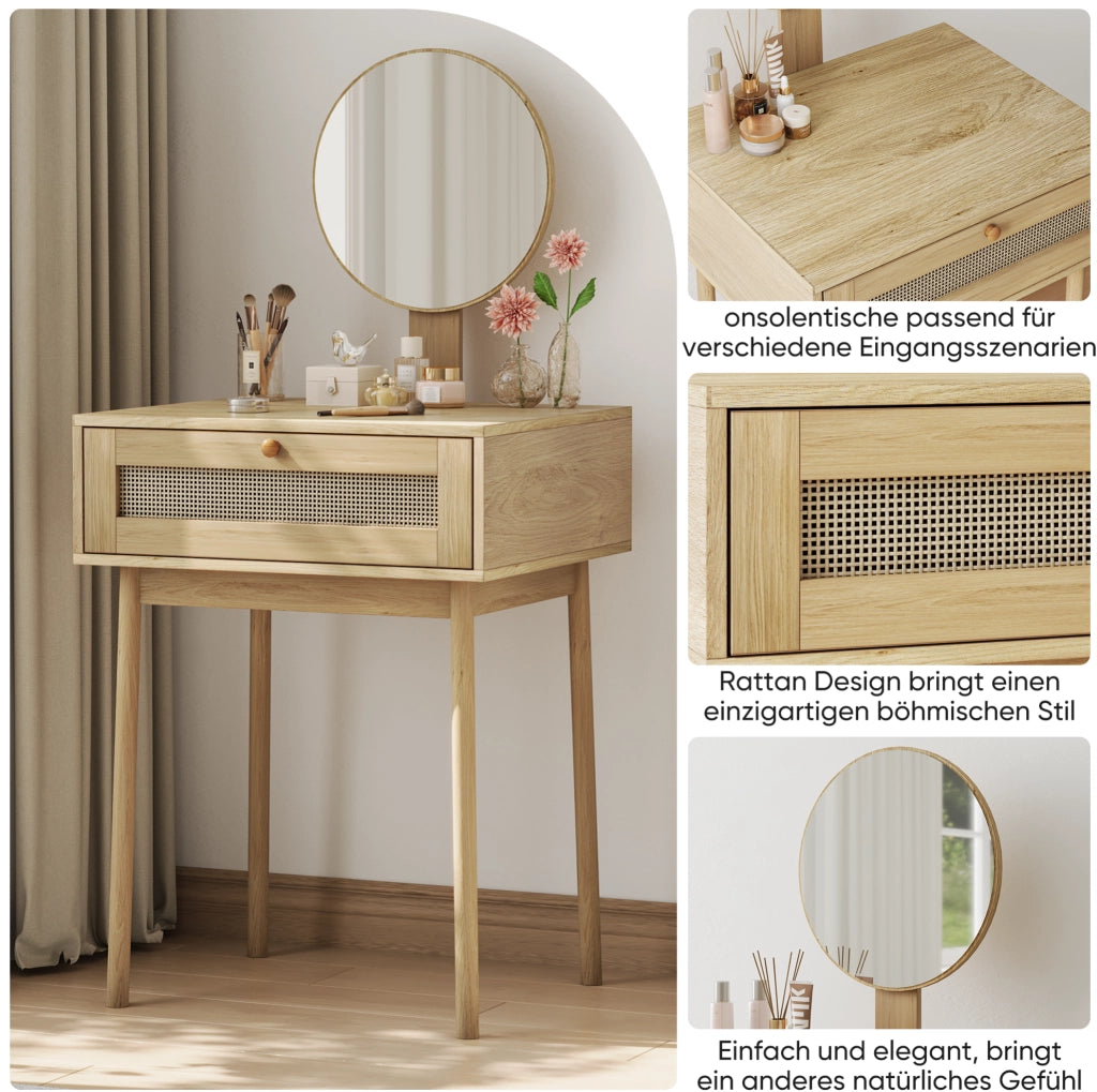 Toeletta in legno con specchio circolare e cassetti