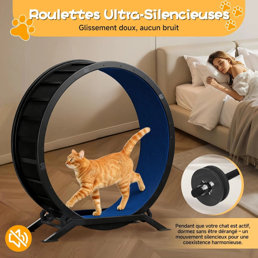 Ruota per gatti, ruota per esercizi per gatti, XL- 100 cm, ultra silenziosa con tappetino rimovibile, adesivi, sistema di bloccaggio, metallo, blu, regali per il vostro gatto