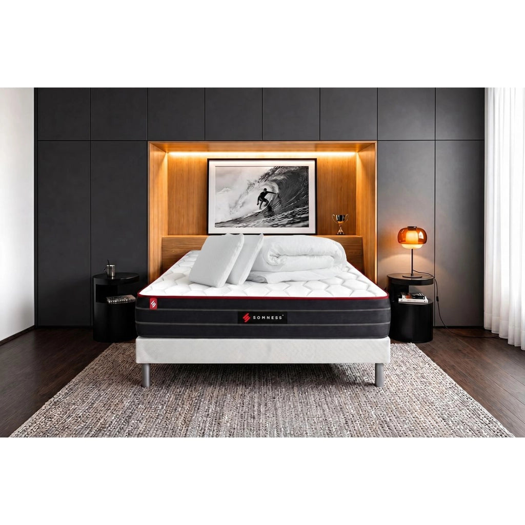 Pacchetto letto completo - Materasso 140x200cm + Box spring con doghe (kit) + 2 cuscini + Piumino - Boost