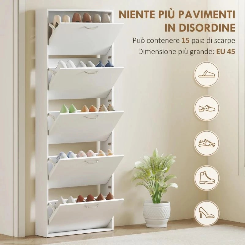 MOBILE SCARPIERA A 5 ANTE ANTIRIBALTAMENTO, IN LEGNO, 65X17X180.5 CM, BIANCO