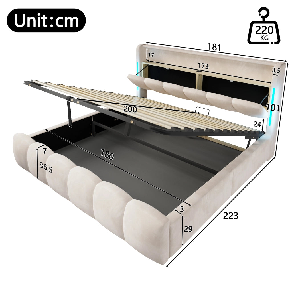 Letto contenitore imbottito con vano idraulico e LED RGB LEMONMAX; 180x200 cm; testiera con vano; USB-C; velluto; beige