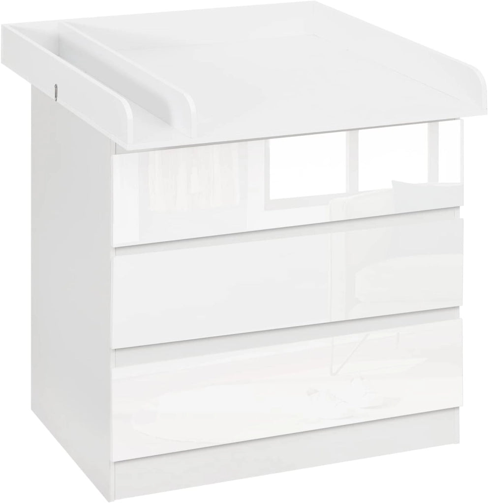 Cassettiera con Fasciatoio per Bambini, Cassettiera a 3 Cassetti, Fasciatoio con Divisorio Rimovibile, in MDF, Truciolare e Metallo, Bianco+Bianco Lucido