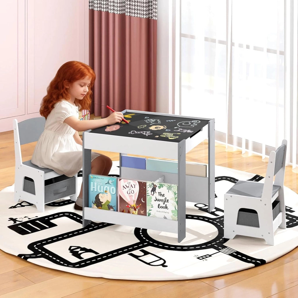 4 in 1 Set Tavolo e Sedie per Bambini 3+ Anni, Tavolo e Sedie con Piano Reversibile, Scaffali e Cassetti, Ideale per Disegno, Lettura e Studio (Grigio, Stile 3)
