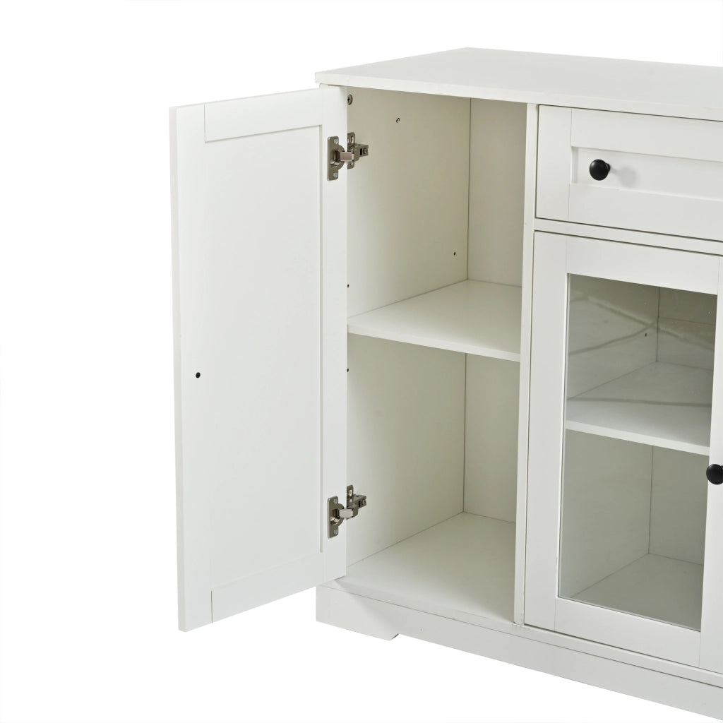 Credenza a quattro ante, mobile da ingresso, 2 ante in vetro, con cassetti, 138 x 40 x 83 cm, bianca