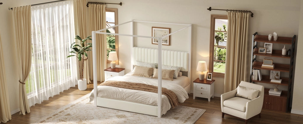 Letto matrimoniale 180 × 200 cm con struttura a baldacchino, testiera imbottita, senza materasso, in MDF e metallo, beige e bianco