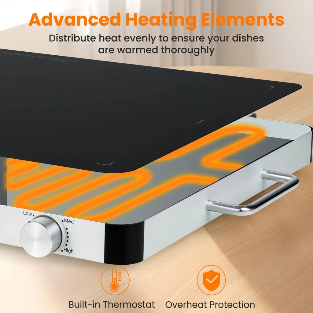 Vassoio Scaldavivande Elettrico 400 W, Scalda Vivande Temperatura Regolabile 30-120℃, Vassoio 53 X 40 CM, con Maniglia Cool-Touch, Superficie in Vetro Temperato, per Famiglia, Feste, Picnic