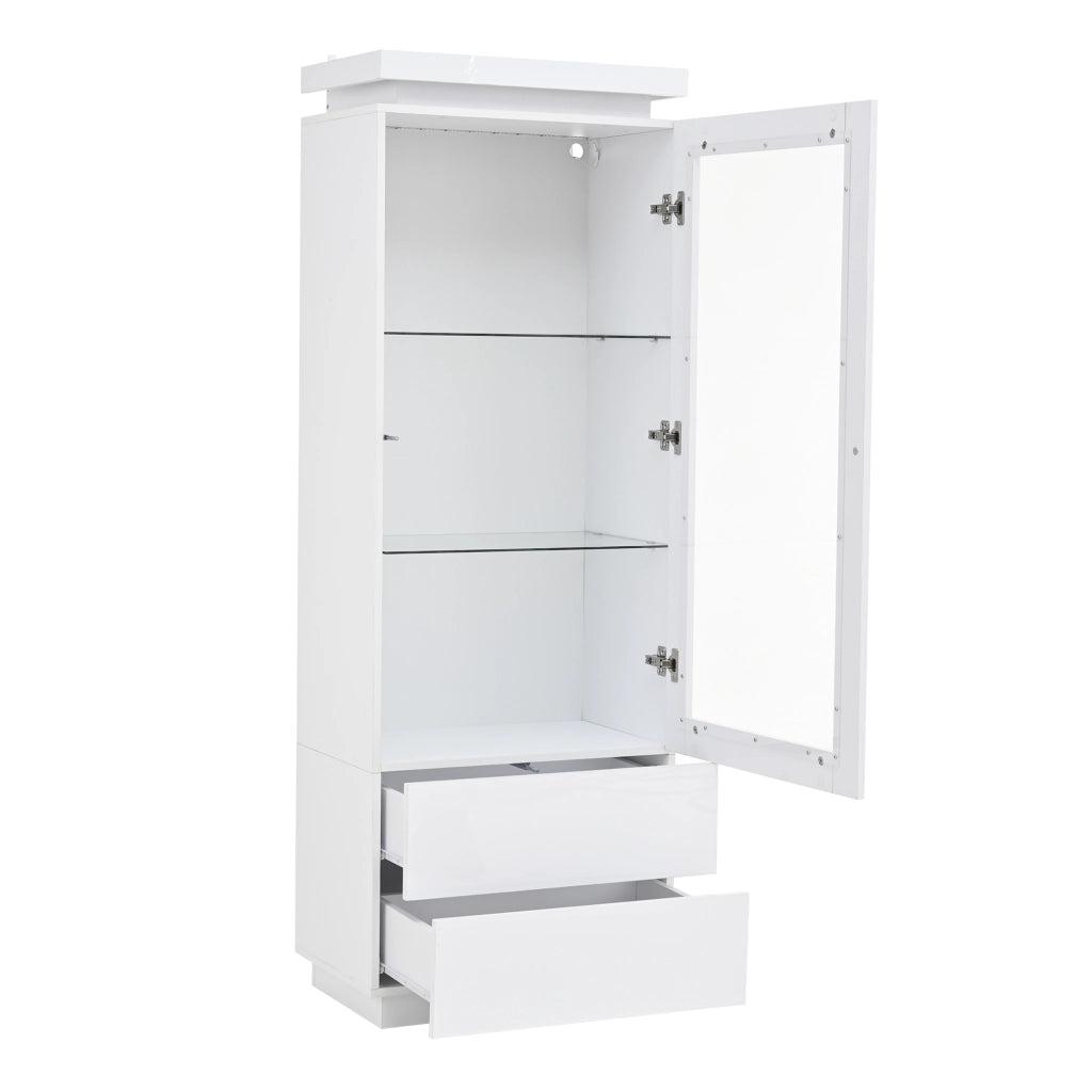Vetrina con LED, 2 cassetti e 1 anta in acrilico, ripiani in vetro temperato, per soggiorno, bianca, 60 × 40 × 171 cm