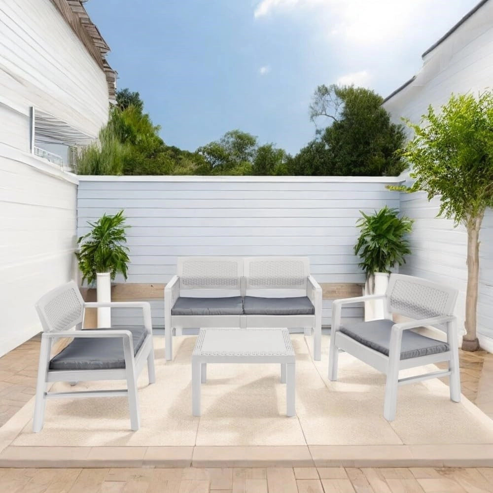 Trade Shop - Set Salotto Giardino Esterno Con Divano 2 Poltrone Tavolino Effetto Rattan Con Cuscini -