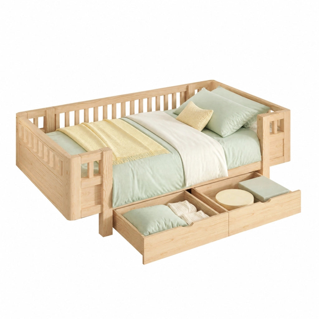 Letto singolo 90x200 in pino con sponde e 2 cassetti