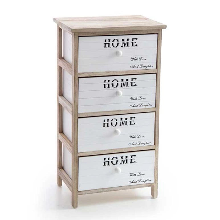 CASSETTIERA IN LEGNO NATURALE CON 4 CASSETTI BIANCHI CON DECORO 40 X 29 X 73 CM