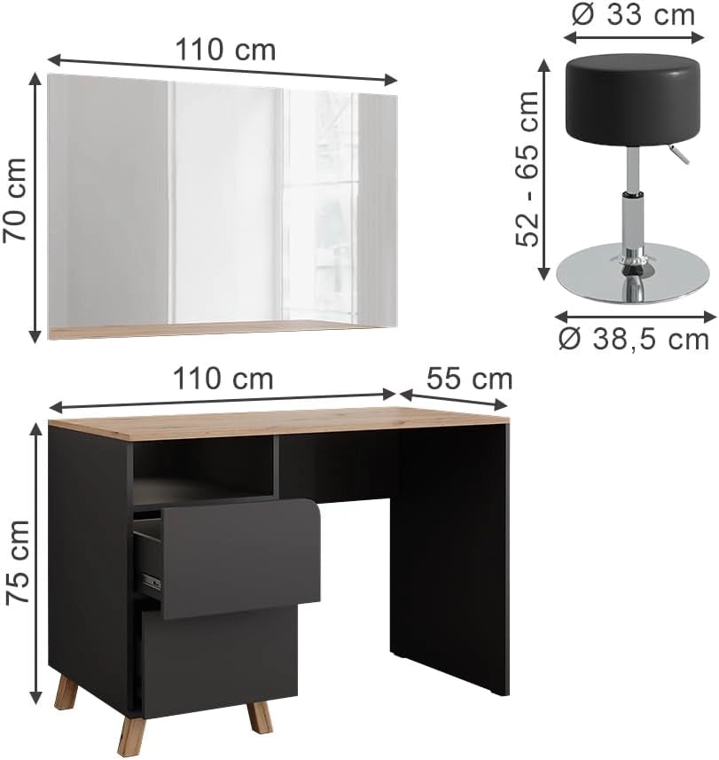 Tavolo da toeletta Karen, Antracite/Artisan, 110 cm con sgabello, Materiali robusti per un utilizzo duraturo