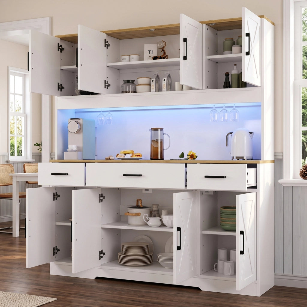 Credenza alta da cucina LED con 2 portabicchieri; ripiani regolabili; prese e USB; bianca; 150 × 40 × 180 cm