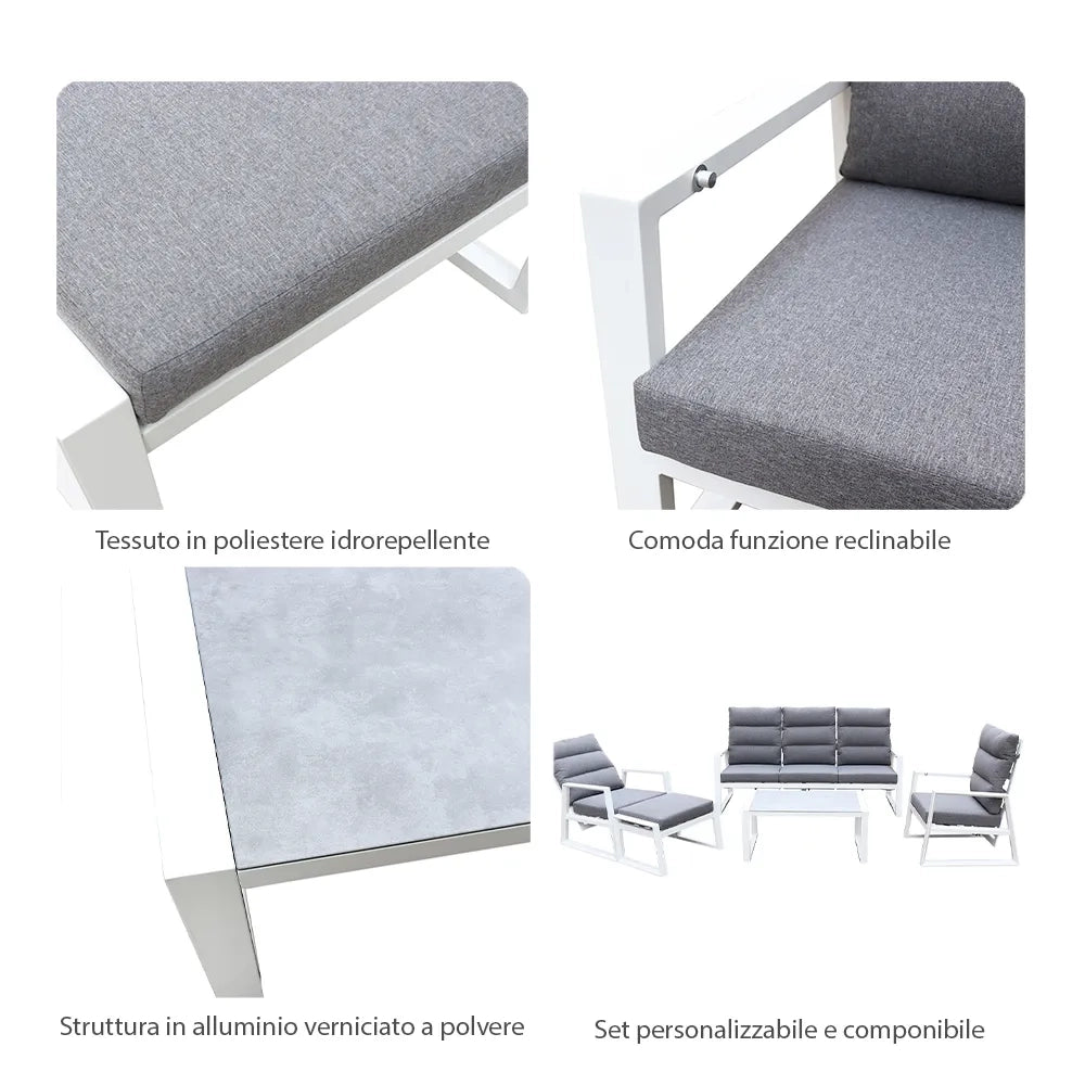 Tempo Style - Salottino Lounge in alluminio MIKONOS PLUS bianco/grigio | Lounge da giardino con divano, tavolo, 2 poltrone e cuscini | Set di mobili da giardino in metallo da 5 persone