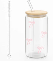 Set di bicchieri con fiocco rosa con coperchio e cannuccia - Ideale per caffè freddo e bevande 16 Oz di capacità - Scatola di regalo inclusa
