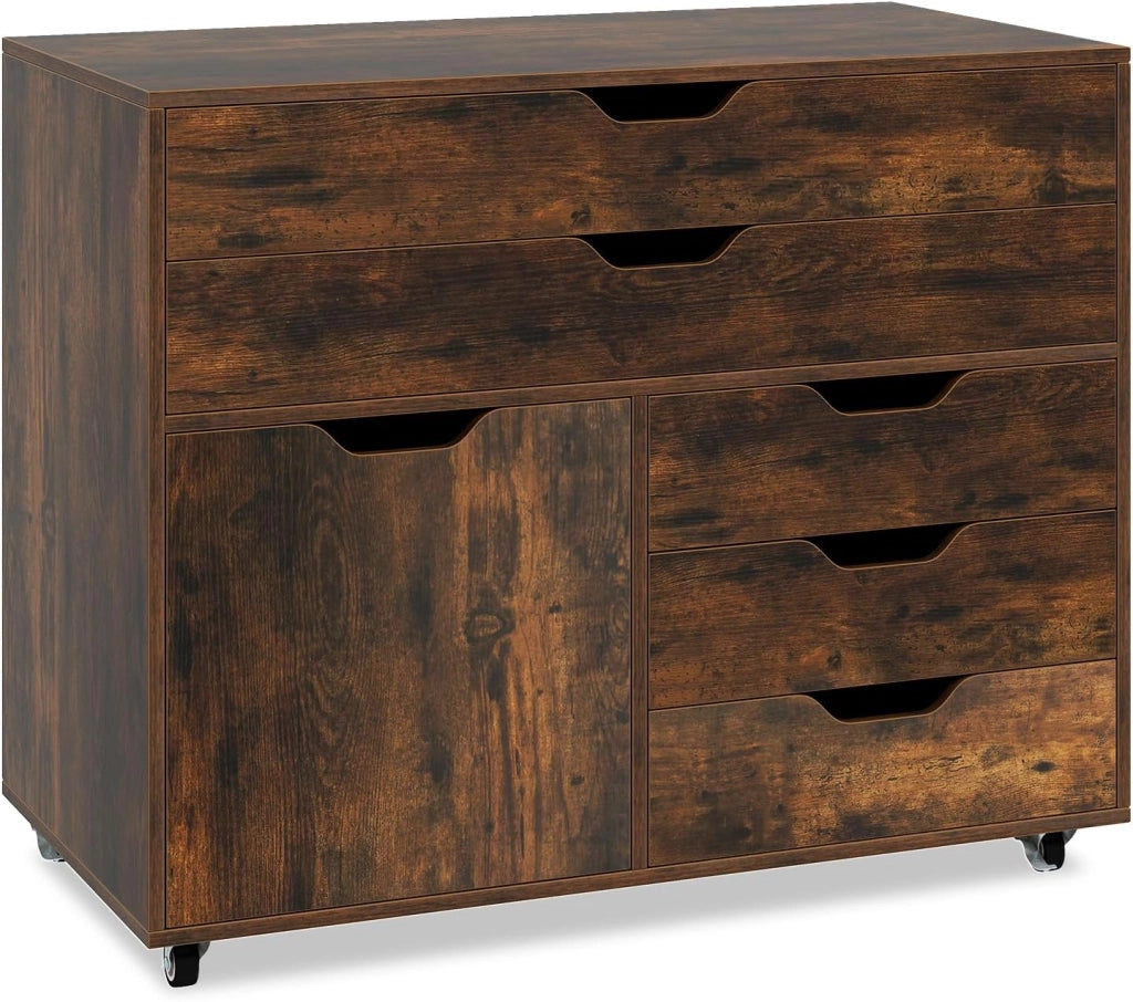Cassettiera con 5 cassetti e 1 armadietto, armadietto mobile a 5 ruote, cassettiera sotto scrivania, 77,5 x 40 x 64 cm (marrone)